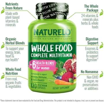 NATURELO Whole Food Multivitamin for Women - with Vitamins, Minerals, & Organic Extracts - Supplement for Energy and Heart Health - Vegan - Non GMO - 120 Capsules