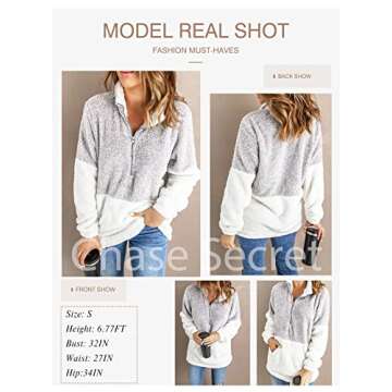 Chase Secret Womens Autumn Winter Casual Zipper Collar Sherpa Fleece Pullover Long Sleeves Tops with Pockets S Grey