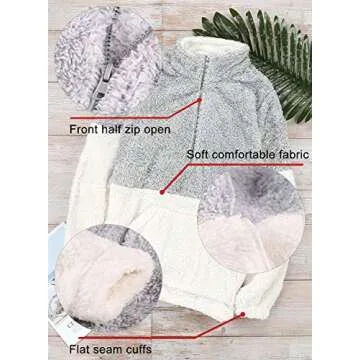 Chase Secret Womens Autumn Winter Casual Zipper Collar Sherpa Fleece Pullover Long Sleeves Tops with Pockets S Grey