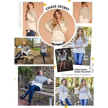 Chase Secret Womens Autumn Winter Casual Zipper Collar Sherpa Fleece Pullover Long Sleeves Tops with Pockets S Grey