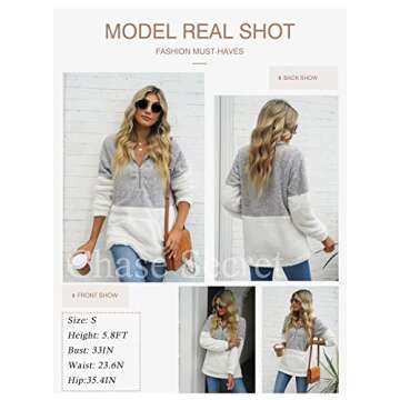 Chase Secret Womens Autumn Winter Casual Zipper Collar Sherpa Fleece Pullover Long Sleeves Tops with Pockets S Grey