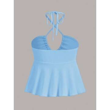 MakeMeChic Women's Vacation Halter Tops Peplum Tops Sleeveles Cut Out Tie Backless Crop Top Light Blue Large