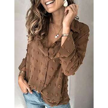 Astylish Womens Lightweight Collared V Neck Shirts Solid Roll Up Sleeve Button Down Pompom Blouse Tops Brown Medium
