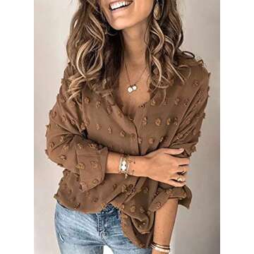 Astylish Womens Lightweight Collared V Neck Shirts Solid Roll Up Sleeve Button Down Pompom Blouse Tops Brown Medium