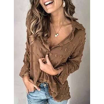 Astylish Womens Lightweight Collared V Neck Shirts Solid Roll Up Sleeve Button Down Pompom Blouse Tops Brown Medium