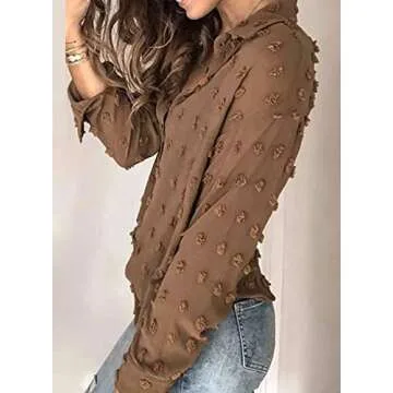 Astylish Womens Lightweight Collared V Neck Shirts Solid Roll Up Sleeve Button Down Pompom Blouse Tops Brown Medium