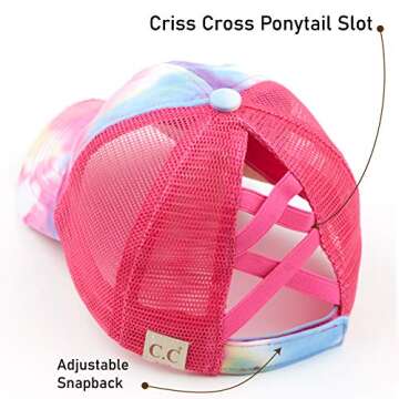 C.C Kids Criss-Cross Elastic Band Ponytail Caps Messy Buns Trucker Plain Baseball Cap (BT-6-KIDS) (KIDS-BT-780) (KIDS-BT-783) (A Crossed Elastic Band(Tie-dye)-Hot Pink)