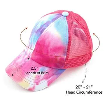 C.C Kids Criss-Cross Elastic Band Ponytail Caps Messy Buns Trucker Plain Baseball Cap (BT-6-KIDS) (KIDS-BT-780) (KIDS-BT-783) (A Crossed Elastic Band(Tie-dye)-Hot Pink)