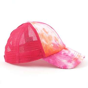 C.C Kids Criss-Cross Elastic Band Ponytail Caps Messy Buns Trucker Plain Baseball Cap (BT-6-KIDS) (KIDS-BT-780) (KIDS-BT-783) (A Crossed Elastic Band(Tie-dye)-Hot Pink)