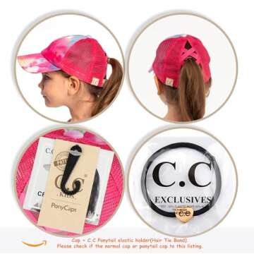 C.C Kids Criss-Cross Elastic Band Ponytail Caps Messy Buns Trucker Plain Baseball Cap (BT-6-KIDS) (KIDS-BT-780) (KIDS-BT-783) (A Crossed Elastic Band(Tie-dye)-Hot Pink)