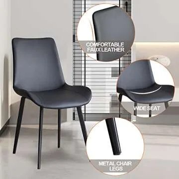 seonyou Dining Chairs Set of 6 Black Faux Leather for Kitchen Dining Room, Comfortable Mid Century Modern Chair with Metal Legs, Upholstered Big Side Chair for Living Room, Waiting Room, Farmhouse