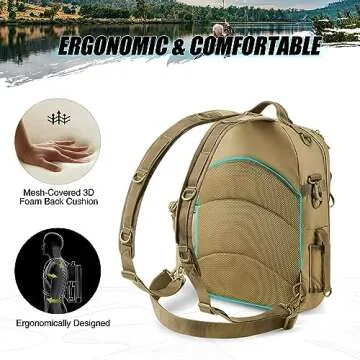 Piscifun Fishing Tackle Backpack with Rod & Gear Holder, Lightweight Outdoor Fishing Tackle Storage Bag, Water-Resistant Multifunctional Fishing Shoulder Pack for Fishing, Hiking, Hunting, Khaki
