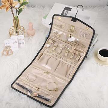 CHICECO Travel Jewelry Organizer Roll for Women, Dual Zippered Large Foldable Jewelry Case for Necklaces Earrings Rings (Black)