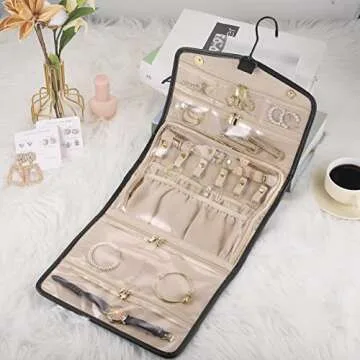 CHICECO Travel Jewelry Organizer Roll for Women, Dual Zippered Large Foldable Jewelry Case for Necklaces Earrings Rings (Black)