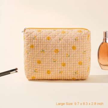 Gleyemor Quilted Makeup Bag for Women - Cute Floral Cosmetic Organizer