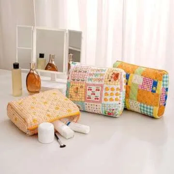 Gleyemor Quilted Makeup Bag - Cute Floral Travel Bag for Women