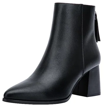 Jeossy Women’s Black Pointed Toe Chunky Heeled Ankle Boots