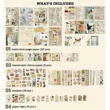 100 Pieces Vintage Ephemera Pack Junk Journal Kit Scrapbook Supplies Decoupage Paper Sticker Materia...