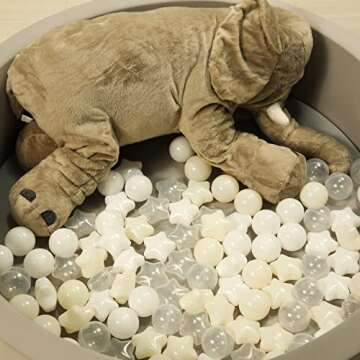 TRENDPLAY Star Ball Pit Balls for Toddlers - 100 Count Star Balls Different Shapes, Non-Toxic Plastic Balls for Safe Play, Boys Girls Festival Party Decoration, Beige+ Clear