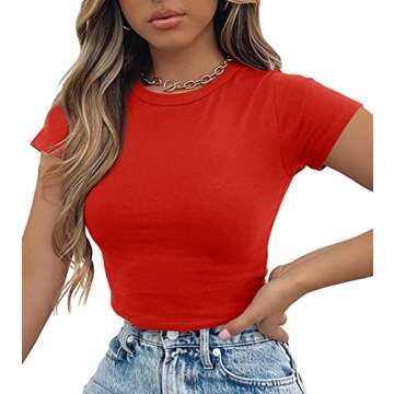Artfish Women's Basic Teen Tee Workout Crewneck Short Sleeve Slim Fitted Casual Crop Top Valentines Day Bright Red M