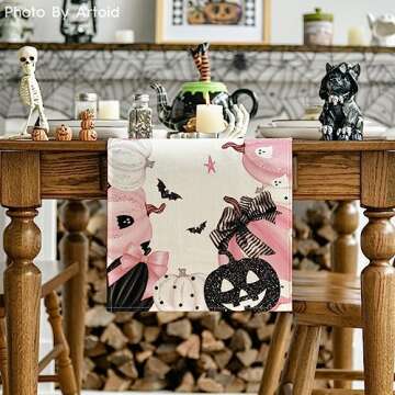 Artoid Mode Pink Jack-O-Lantern Pumpkin Bat Halloween Table Runner, Holiday Kitchen Dining Table Dec...