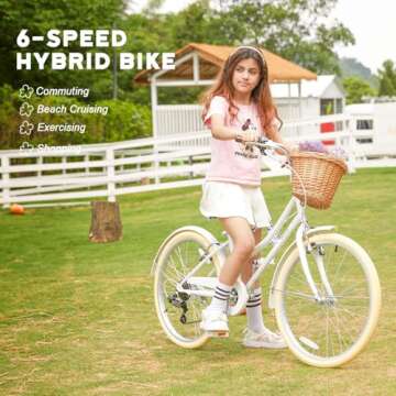 Glerc 24 Inch Beach Cruiser Bike, 6-Speed Hybrid City Bicycle for Girls Youth and Over 6 Years Old, ...