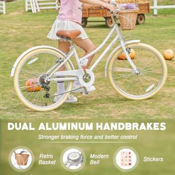 Glerc 24 Inch Beach Cruiser Bike, 6-Speed Hybrid City Bicycle for Girls Youth and Over 6 Years Old, Missy Bike with Wicker Basket & Lightweight, White