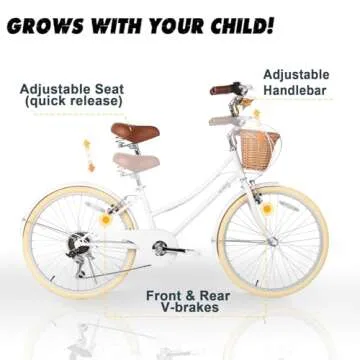 Glerc 24 Inch Beach Cruiser Bike, 6-Speed Hybrid City Bicycle for Girls Youth and Over 6 Years Old, Missy Bike with Wicker Basket & Lightweight, White