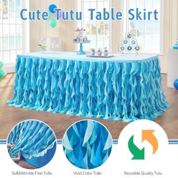 leegleri 6FT Tulle Ruffle Curly Willow Table Skirt for Rectangle or Round Tables, Under The Sea Ocean Blue Baby Shark Themed Tutu Table Skirt for Baby Shower, Birthday Party