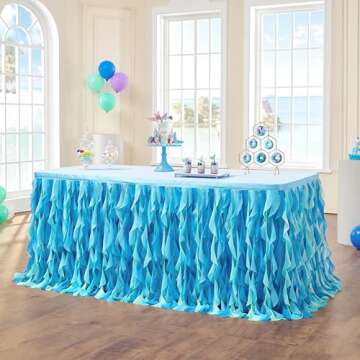 leegleri 6FT Tulle Ruffle Curly Willow Table Skirt for Rectangle or Round Tables, Under The Sea Ocean Blue Baby Shark Themed Tutu Table Skirt for Baby Shower, Birthday Party