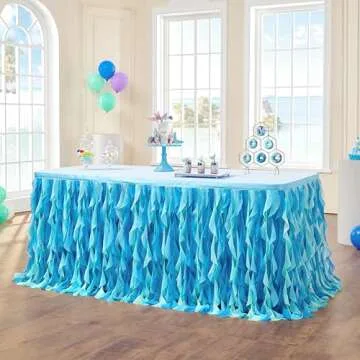 leegleri 6FT Tulle Ruffle Curly Willow Table Skirt for Rectangle or Round Tables, Under The Sea Ocean Blue Baby Shark Themed Tutu Table Skirt for Baby Shower, Birthday Party