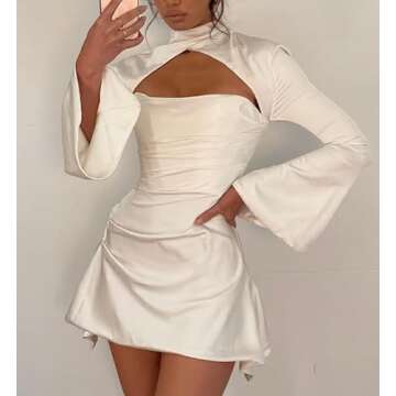 Women Sexy Spaghetti Strap Mini Dress with Gloves Off Shoulder Sleeveless Cut Out Bodycon Dress Night Party Club Outfits