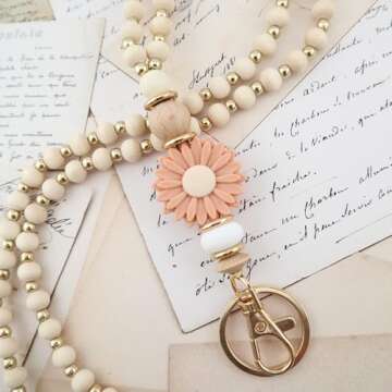 MyfavoriteK Wooden Boho Teacher Lanyard for Id Badge Cute Wood Beaded Lanyards for Women for Student...