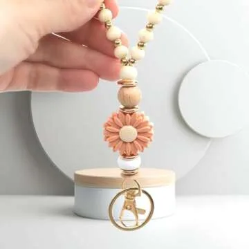 MyfavoriteK Wooden Boho Teacher Lanyard for Id Badge Cute Wood Beaded Lanyards for Women for Student Nurse Employees (Pink)