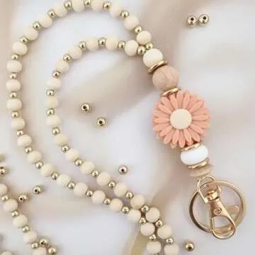 MyfavoriteK Wooden Boho Teacher Lanyard for Id Badge Cute Wood Beaded Lanyards for Women for Student Nurse Employees (Pink)