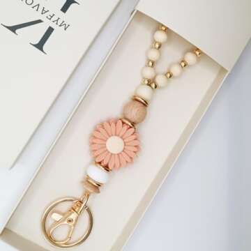 MyfavoriteK Wooden Boho Teacher Lanyard for Id Badge Cute Wood Beaded Lanyards for Women for Student Nurse Employees (Pink)