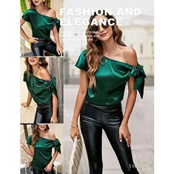 VIDUSSA Women's Off Shoulder Silk Tops Casual Short Sleeve Asymmetrical Neck Satin Blouse Shirts Dark Green M