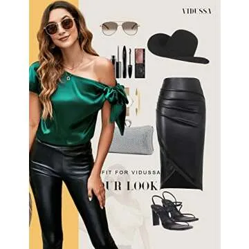 VIDUSSA Women's Off Shoulder Silk Tops Casual Short Sleeve Asymmetrical Neck Satin Blouse Shirts Dark Green M