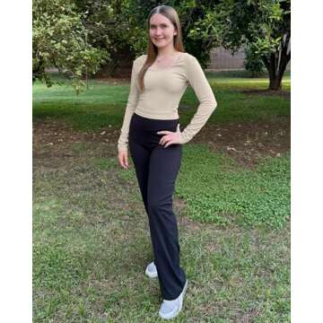 G4Free Long Sleeve Athletic Tops for Women Slim Fitted Active Workout Shirts Gym Yoga Scoop Neck Underscrub Fall Layer Tee (Khaki,XS)