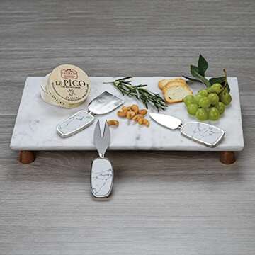 Zodax | Amalfi Footed Cheese and Charcuterie Platter | Calcutta Marble with Wooden Feet | 16.75" x 8.75" x 2"