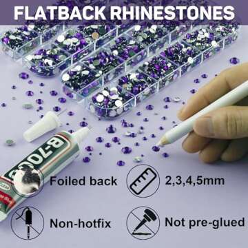 11000Pcs Purple Rhinestones Flatback with b7000 Glue for Crafts Clothes Clothing Crafting, Dark Purple Flat Back Gems for Shirt Shoes Sneakers, Violet Deep Purple Diamond Crystals Kit 2-5mm Mix Sizes