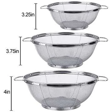 3 Pack 18/8 Stainless Steel Colander Sieves(5-Quart, 4-Quart and 3-Quart), Mesh Strainer Net Baskets with Handles & Resting Base for Strain, Drain, Rinse or Steam