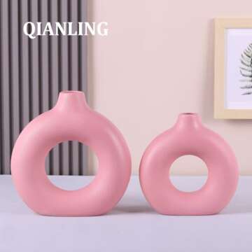 Pink Ceramic Vase Set of 2-2 Round Pink Vase, Modern Pink Vases for Decor Flower Vase, Apply to Living Room, Kitchen, Mantle, Bedroom, Dining Table, Office, Farmhouse, Pink vases for centerpieces