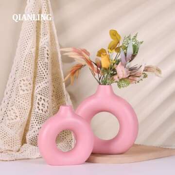 Pink Ceramic Vase Set of 2-2 Round Pink Vase, Modern Pink Vases for Decor Flower Vase, Apply to Living Room, Kitchen, Mantle, Bedroom, Dining Table, Office, Farmhouse, Pink vases for centerpieces
