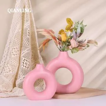 Pink Ceramic Vase Set of 2-2 Round Pink Vase, Modern Pink Vases for Decor Flower Vase, Apply to Living Room, Kitchen, Mantle, Bedroom, Dining Table, Office, Farmhouse, Pink vases for centerpieces