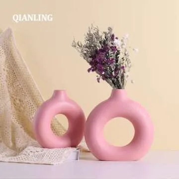 Pink Ceramic Vase Set of 2-2 Round Pink Vase, Modern Pink Vases for Decor Flower Vase, Apply to Living Room, Kitchen, Mantle, Bedroom, Dining Table, Office, Farmhouse, Pink vases for centerpieces
