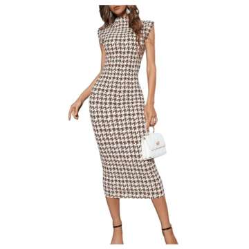WDIRARA Women's Houndstooth Mock Neck Sleeveless Shoulder Pads Bodycon Dress Brown White S