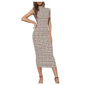 WDIRARA Women's Houndstooth Mock Neck Sleeveless Shoulder Pads Bodycon Dress Brown White S