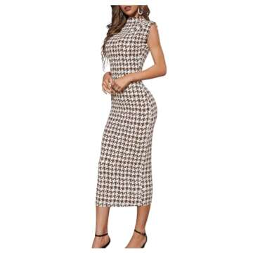 WDIRARA Women's Houndstooth Mock Neck Sleeveless Shoulder Pads Bodycon Dress Brown White S