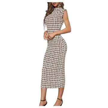 WDIRARA Women's Houndstooth Mock Neck Sleeveless Shoulder Pads Bodycon Dress Brown White S